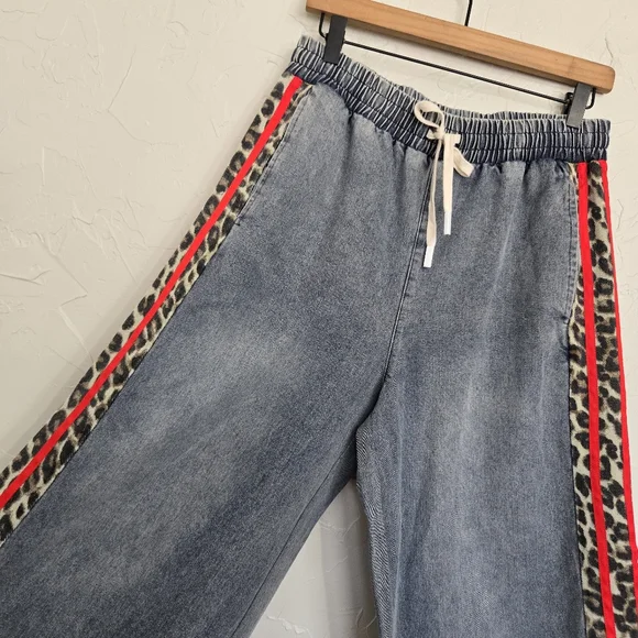 Jodifl Wide Leg Red Leopard Striped Track Elastic Waist Jeans, M - Picture 5 of 10